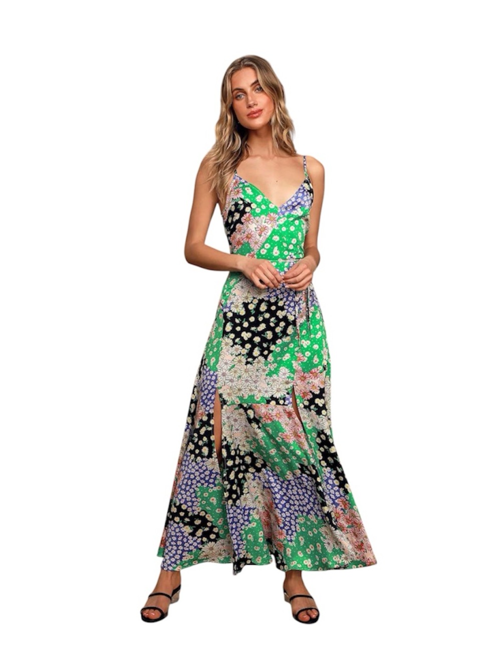 Lulu's Bold Beauty Green Multi Floral Print Satin Maxi Dress V-Neck Long Dress L